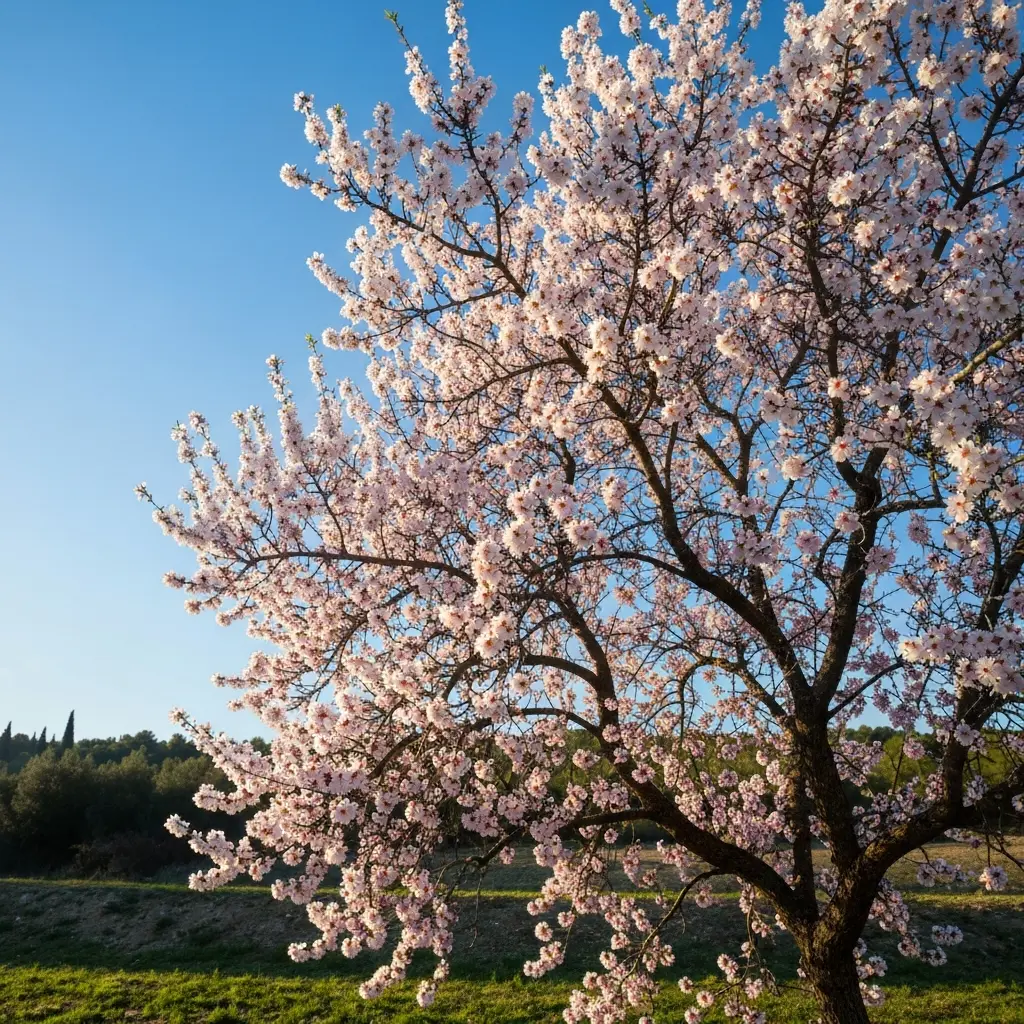 Amandier en fleur au printemps avec des fleurs blanches et roses sur fond de ciel bleu