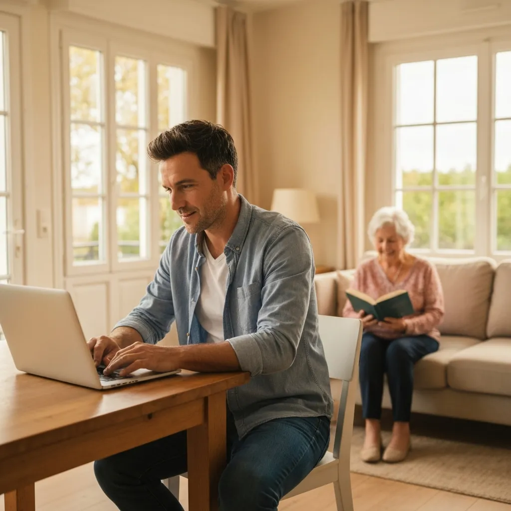 Homme travaillant sur son ordinateur dans la cuisine familiale