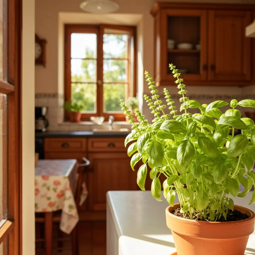 Plant de basilic frais aux feuilles vertes dans un pot en terre cuite