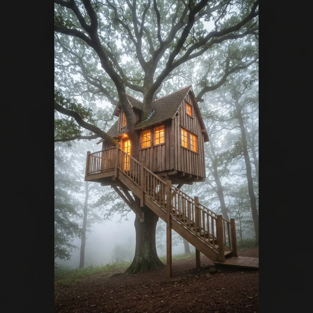 Cabane en bois perchee dans un chene avec vue sur la foret bretonne