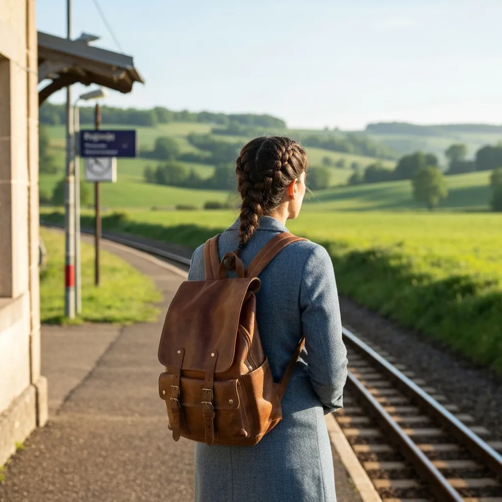 Femme avec un sac à dos sur un quai de gare en campagne