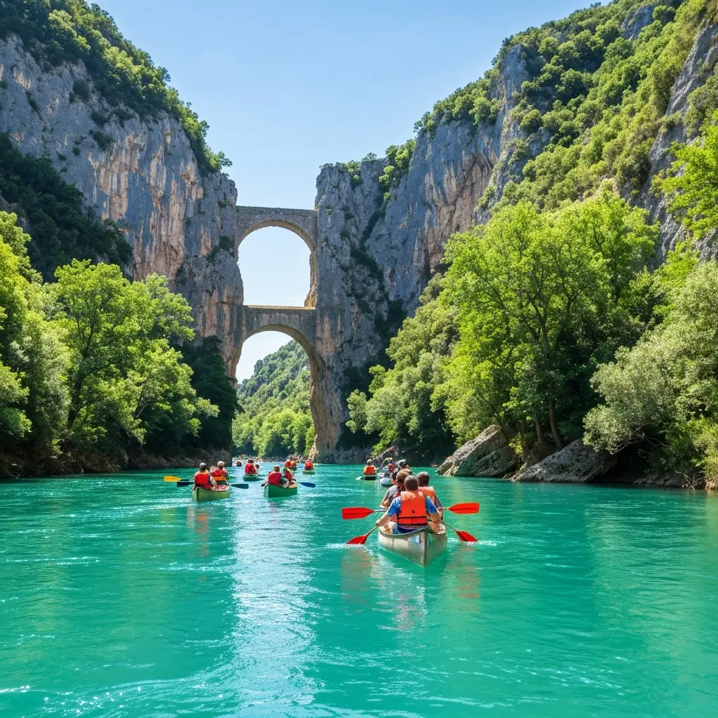 Canoe sur la riviere Ardeche avec les falaises du canyon en arriere-plan