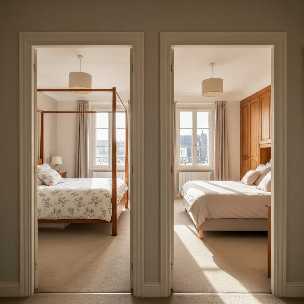 Deux chambres côte à côte dans un appartement lumineux