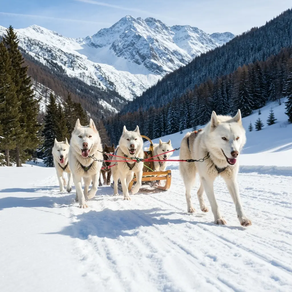 Attelage de chiens de traineau sur une piste enneigee dans les Pyrenees
