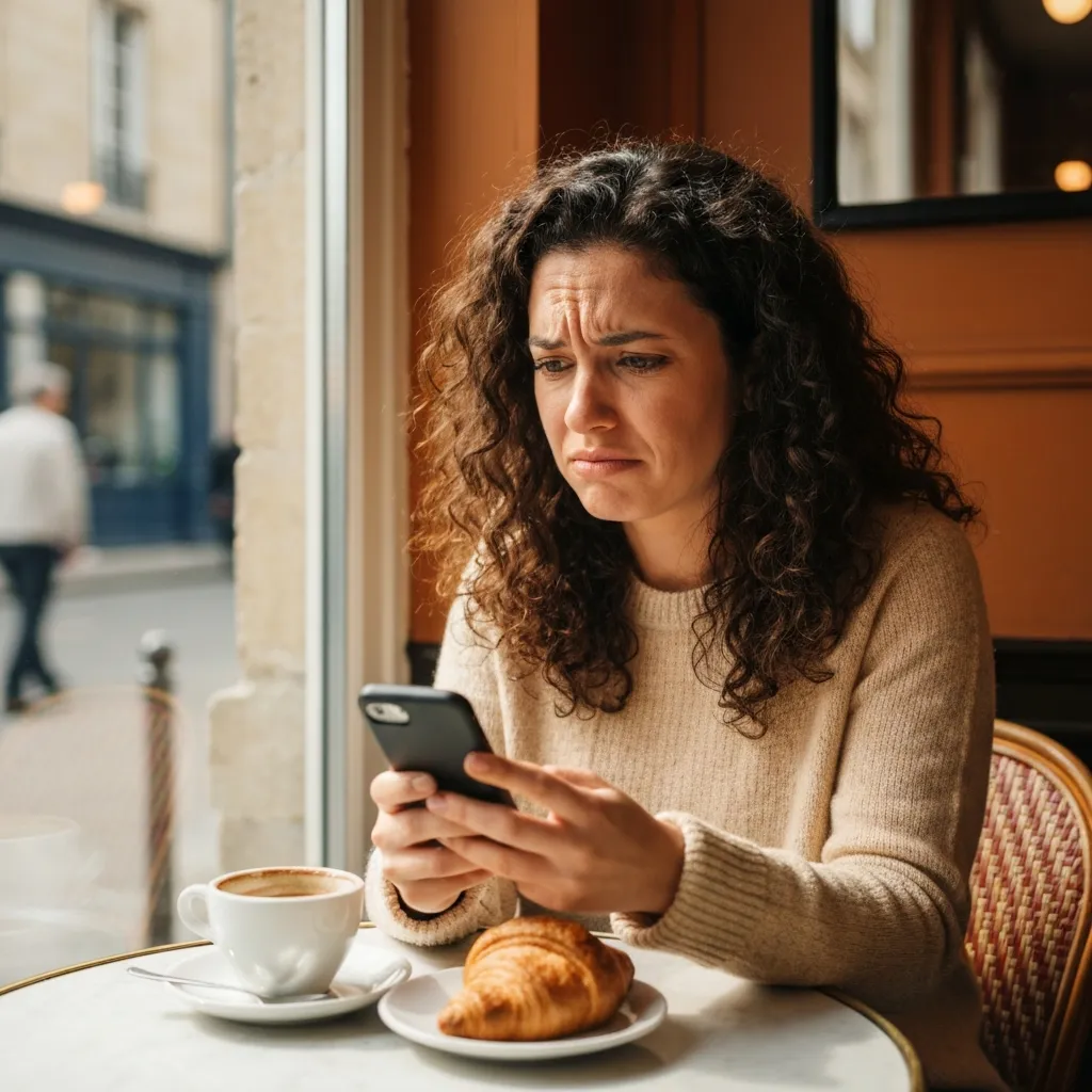 Femme regardant son téléphone avec une expression perplexe dans un café