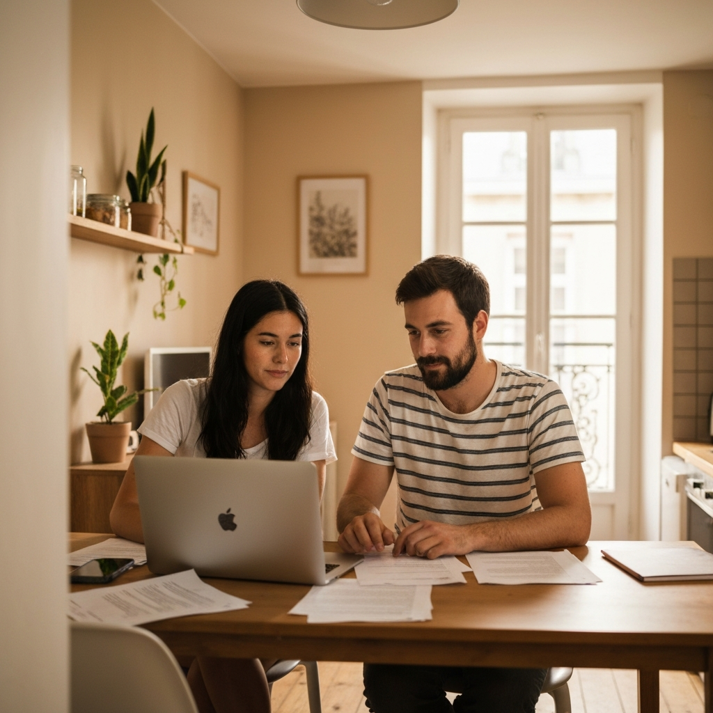 Jeune couple regardant leurs finances sur un ordinateur portable