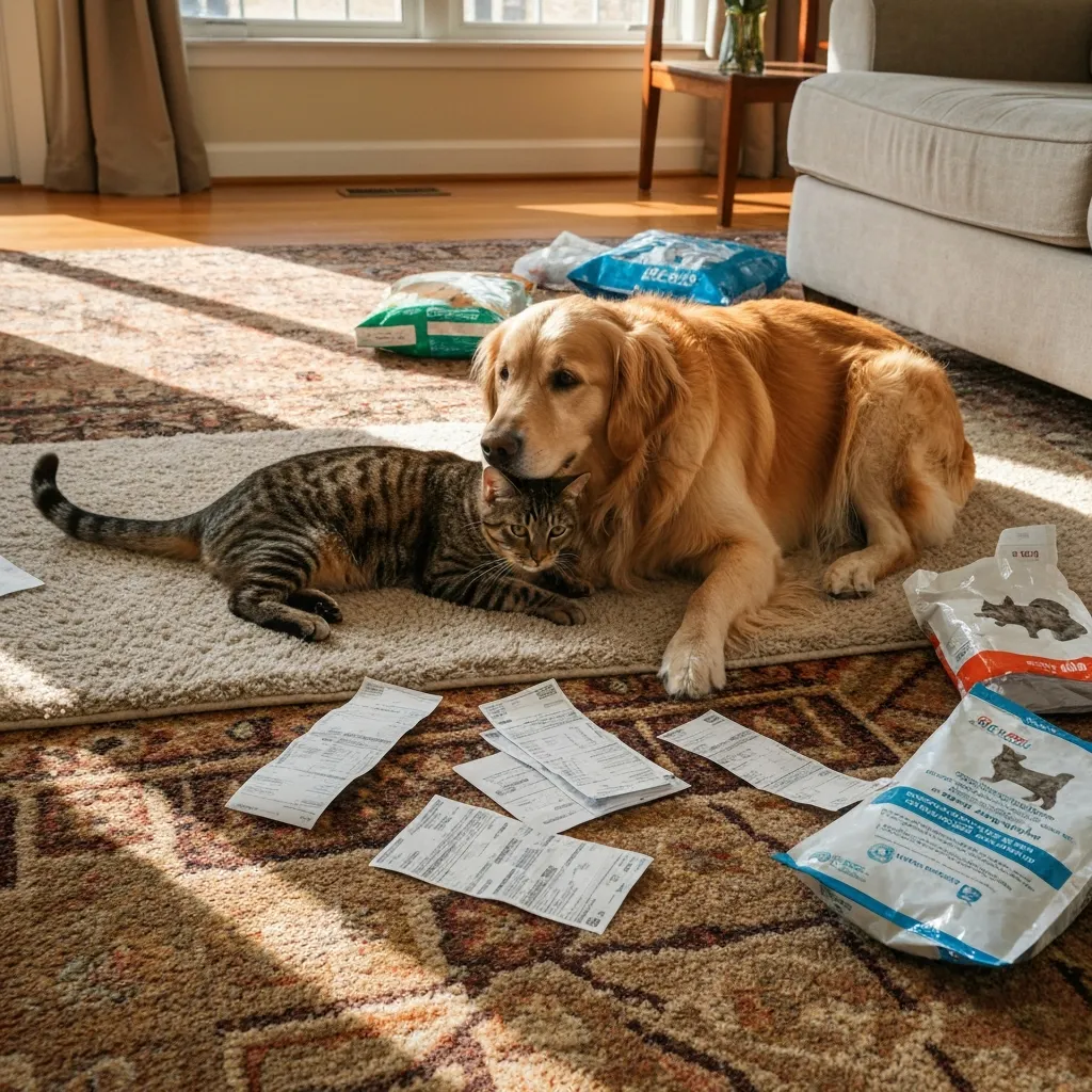 Chien et chat côte à côte avec des factures en arrière-plan
