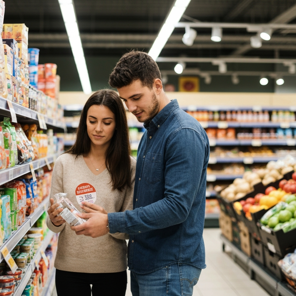 Couple devant un rayon de supermarché regardant des dates de péremption