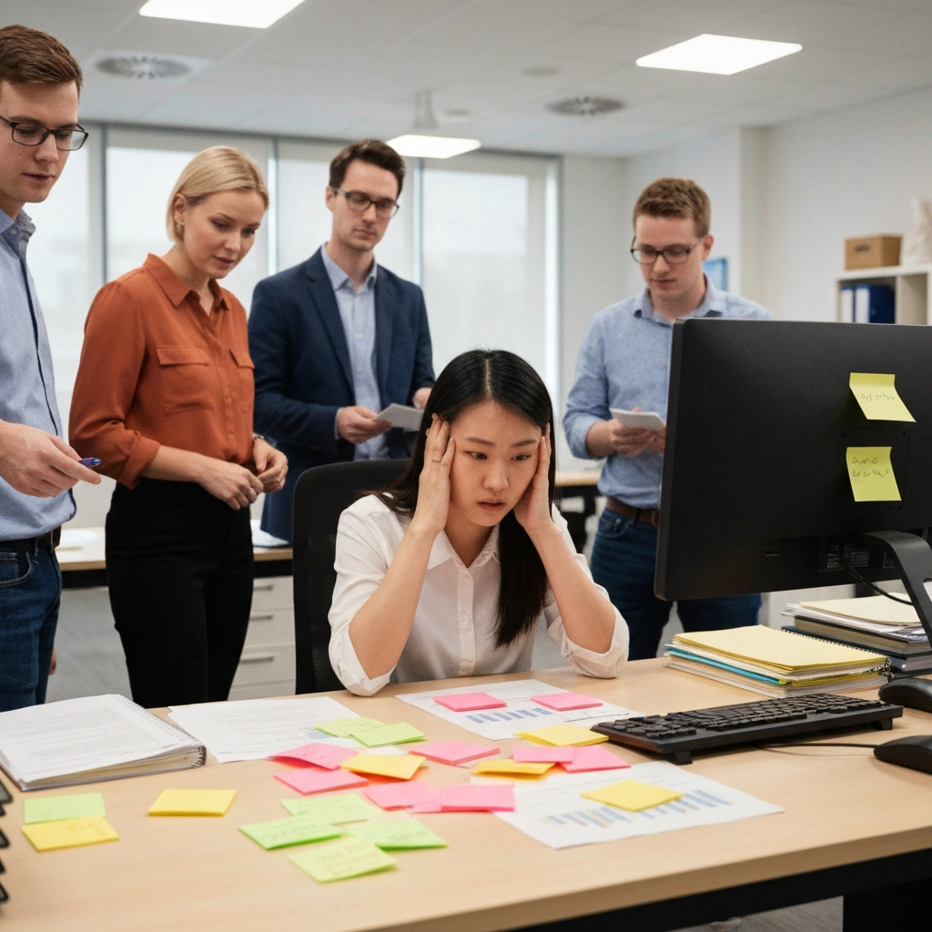 Personne submergée de post-its et de demandes au bureau