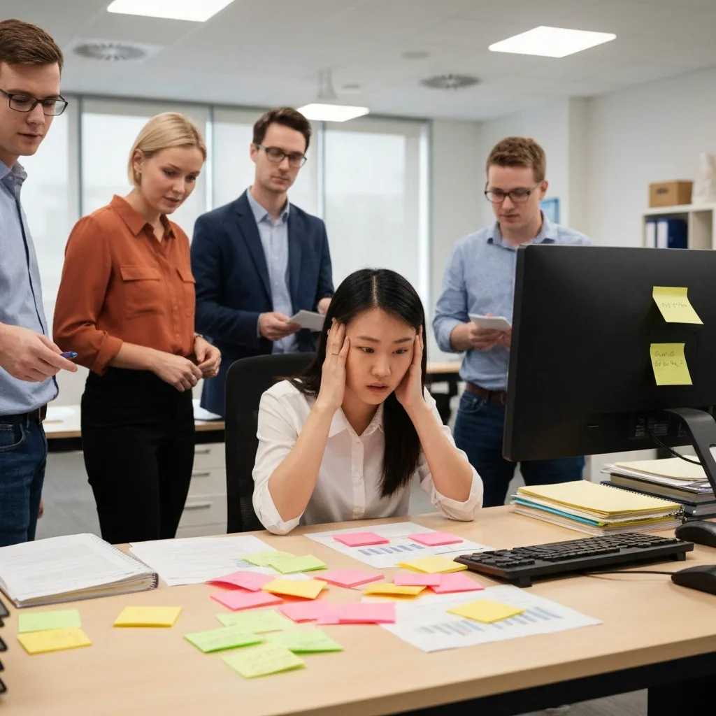 Personne submergée de post-its et de demandes au bureau