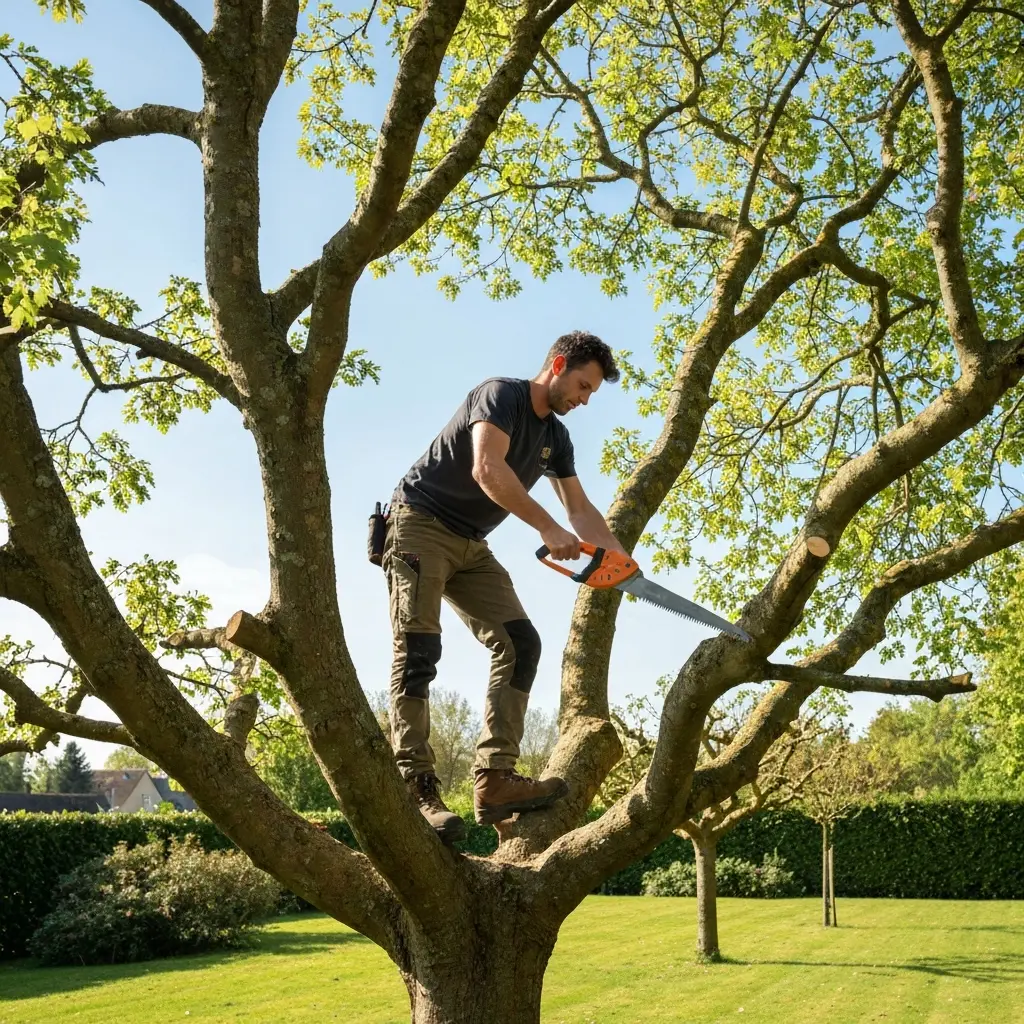 Élagueur professionnel avec un harnais dans un grand arbre en cours de taille