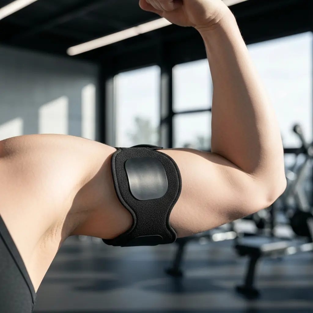 Électrodes d'électrostimulation placées sur la cuisse d'un sportif
