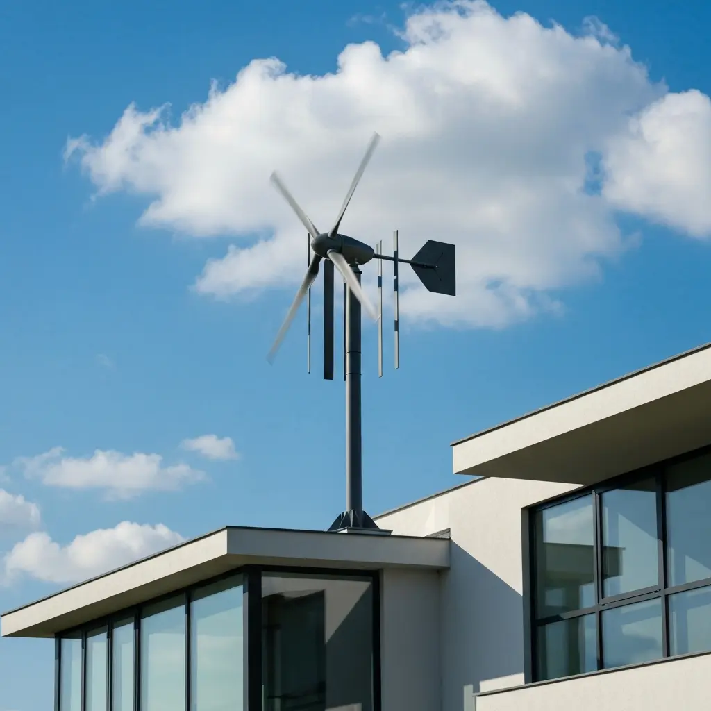 Éolienne verticale installée sur le toit d'une maison individuelle