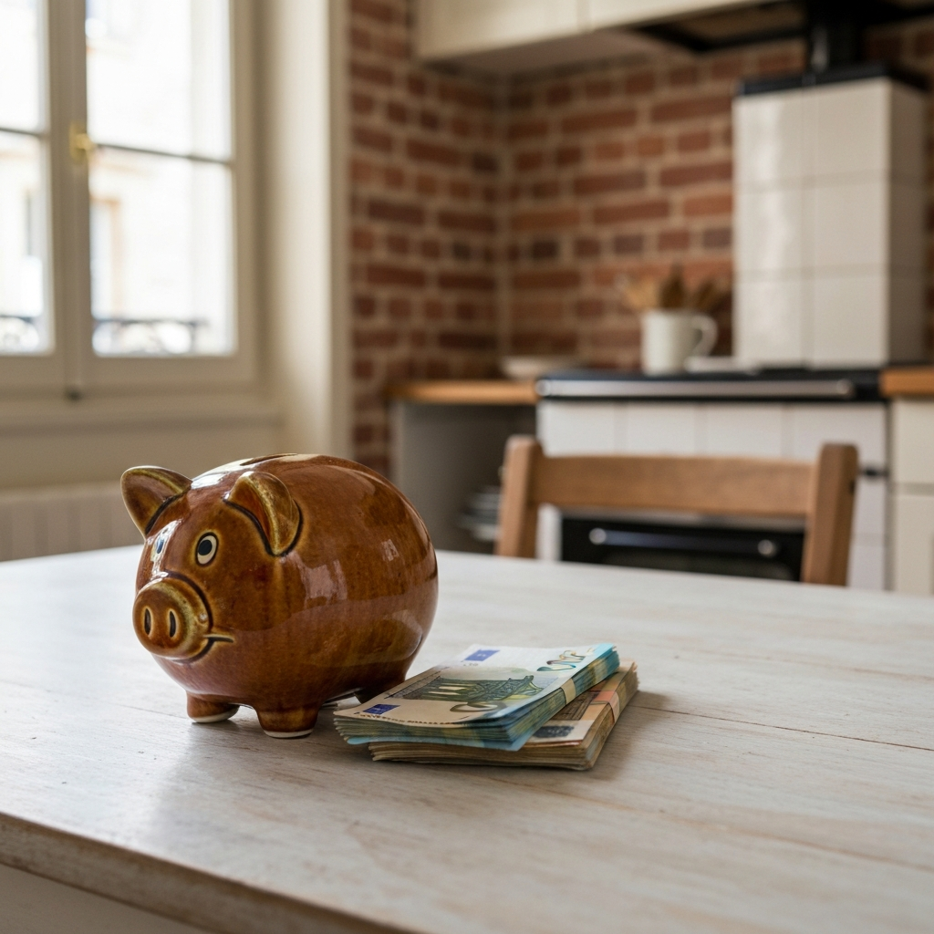 Tirelire et billets sur une table de cuisine