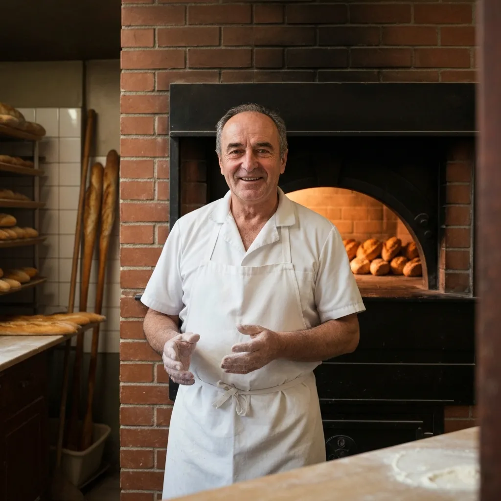 Homme de 60 ans en tenue de boulanger souriant devant un four