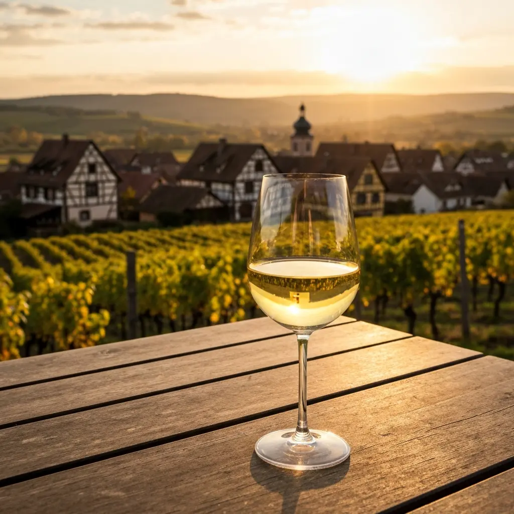 Verre de gewurztraminer doré servi avec un plateau de fromages alsaciens