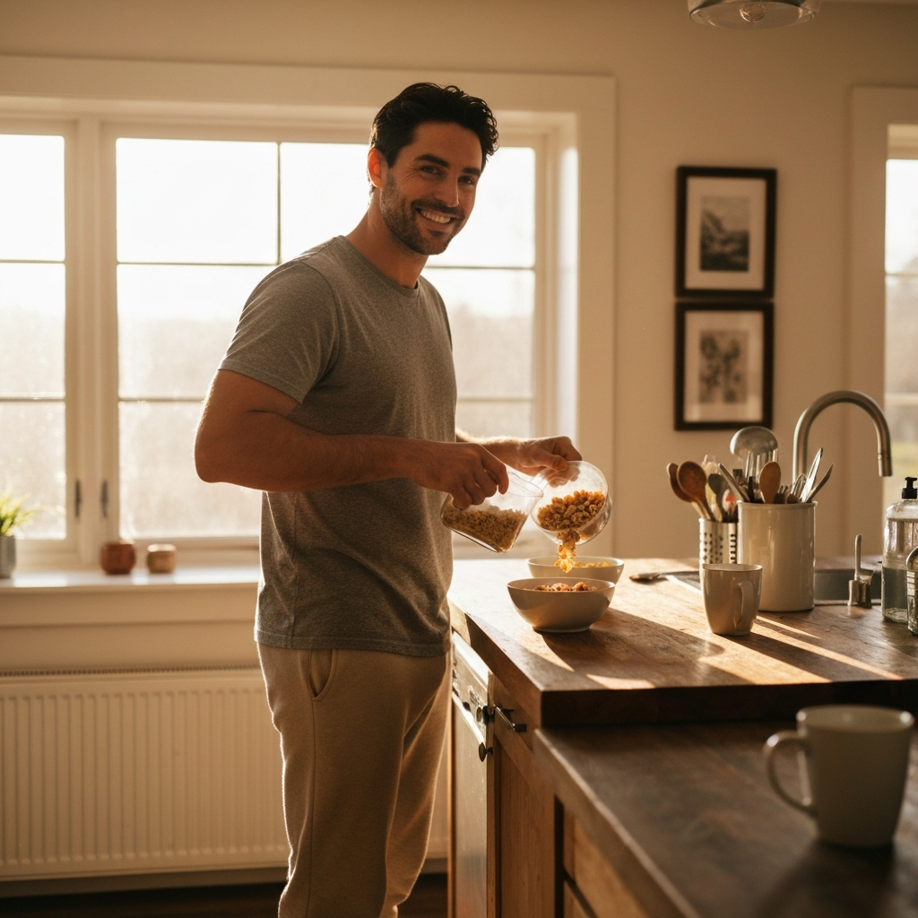 Père avec ses enfants à table le matin dans une cuisine