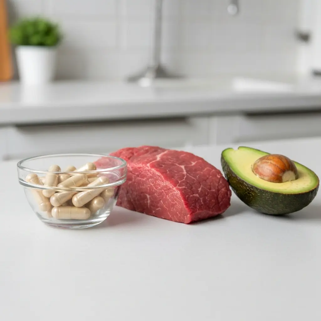 Complément alimentaire de L-carnitine posé à côté d'une gourde de sport