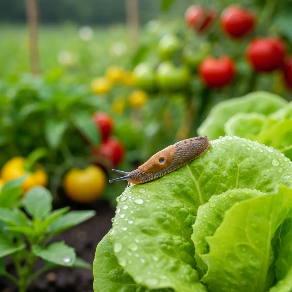 Limace sur une feuille de salade dans un potager avec des gouttelettes de rosée