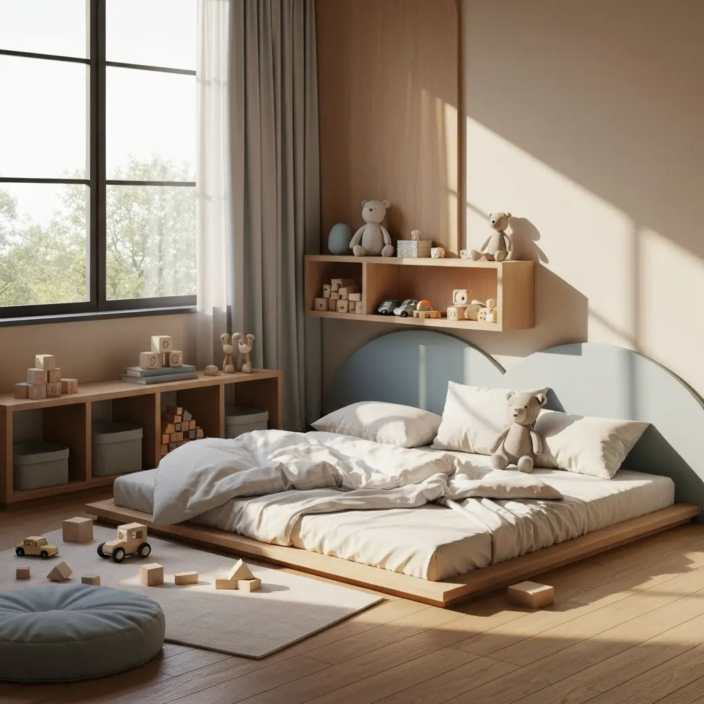 Lit Montessori cabane en bois dans une chambre d'enfant lumineuse