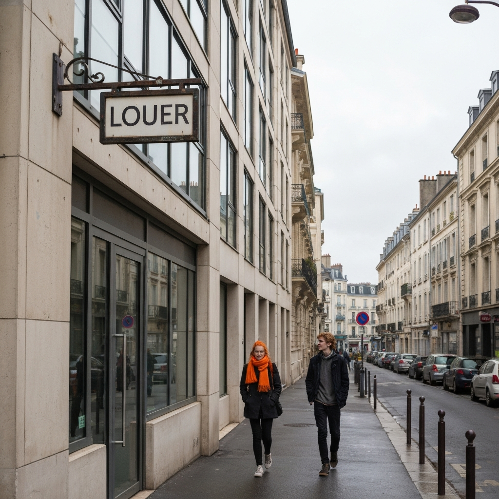 Panneau à louer devant un immeuble moderne en ville