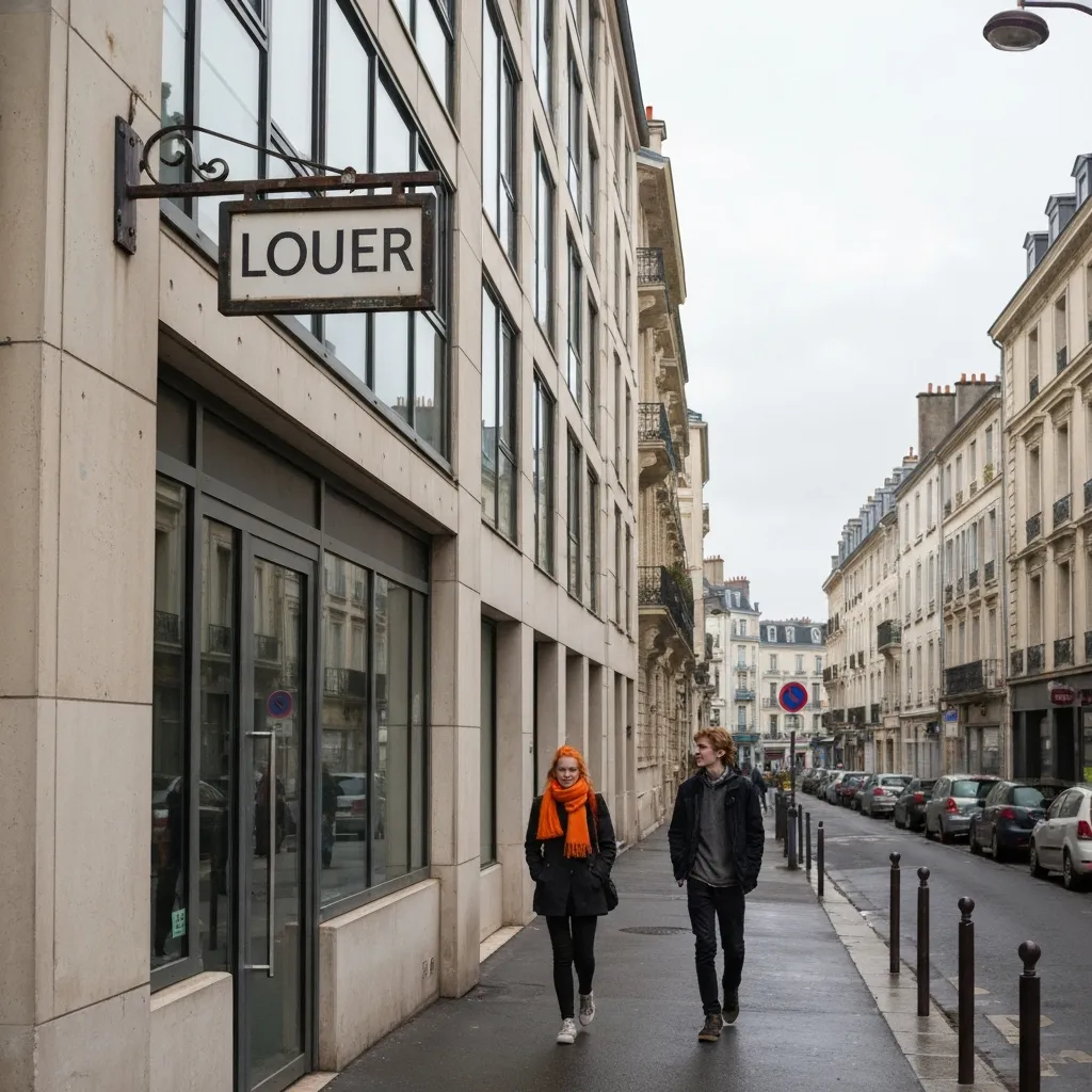 Panneau à louer devant un immeuble moderne en ville