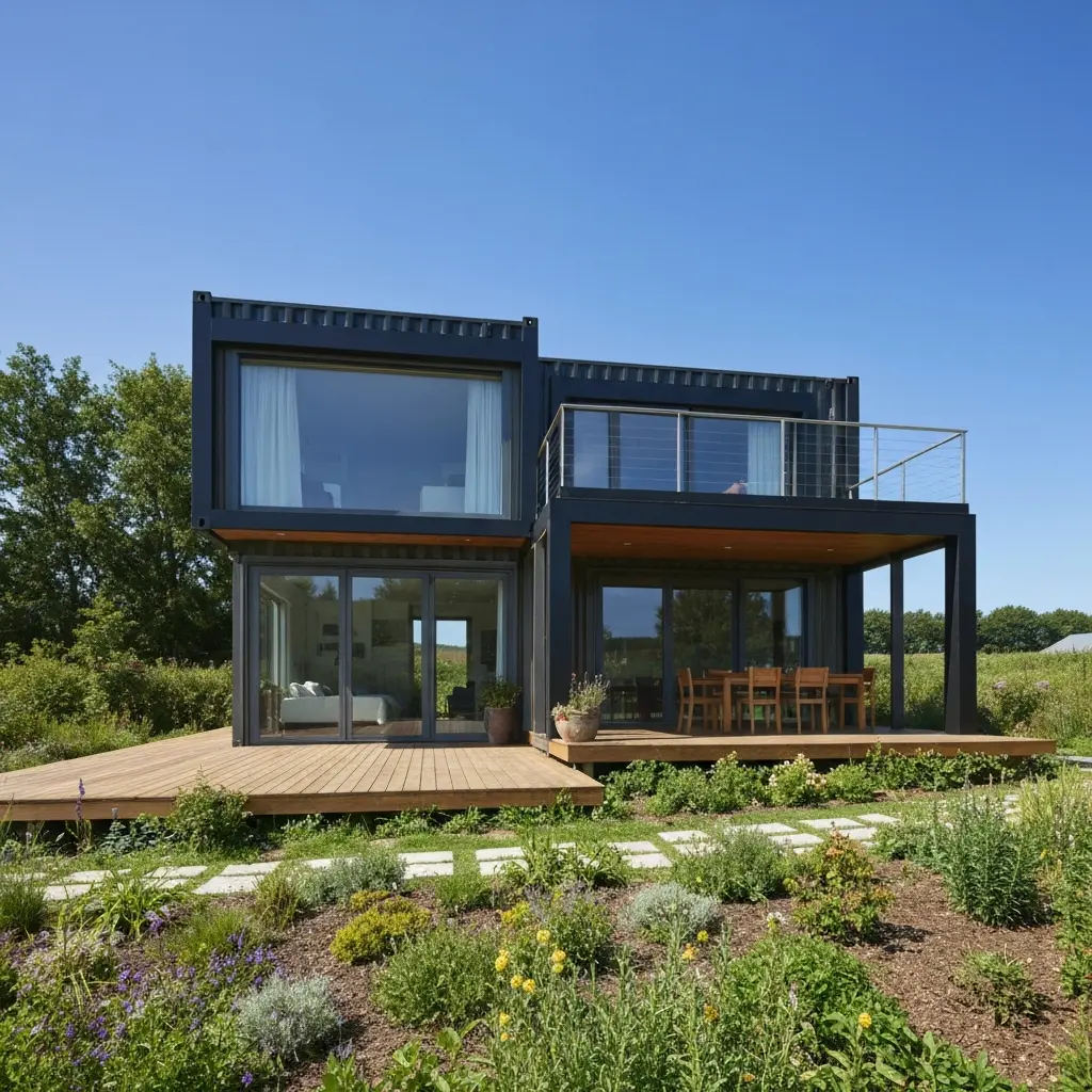 Maison container moderne avec terrasse et bardage bois