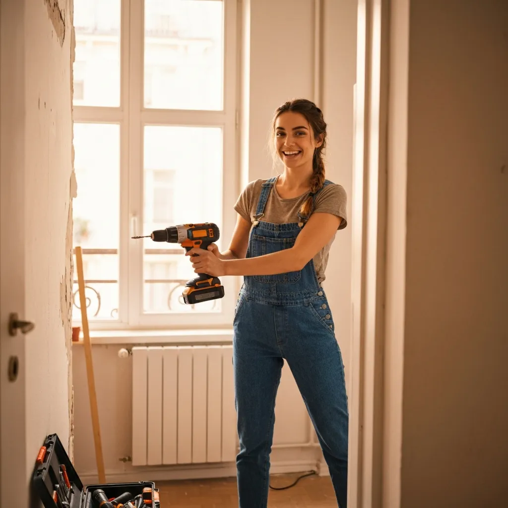 Jeune femme avec une perceuse devant un mur en travaux