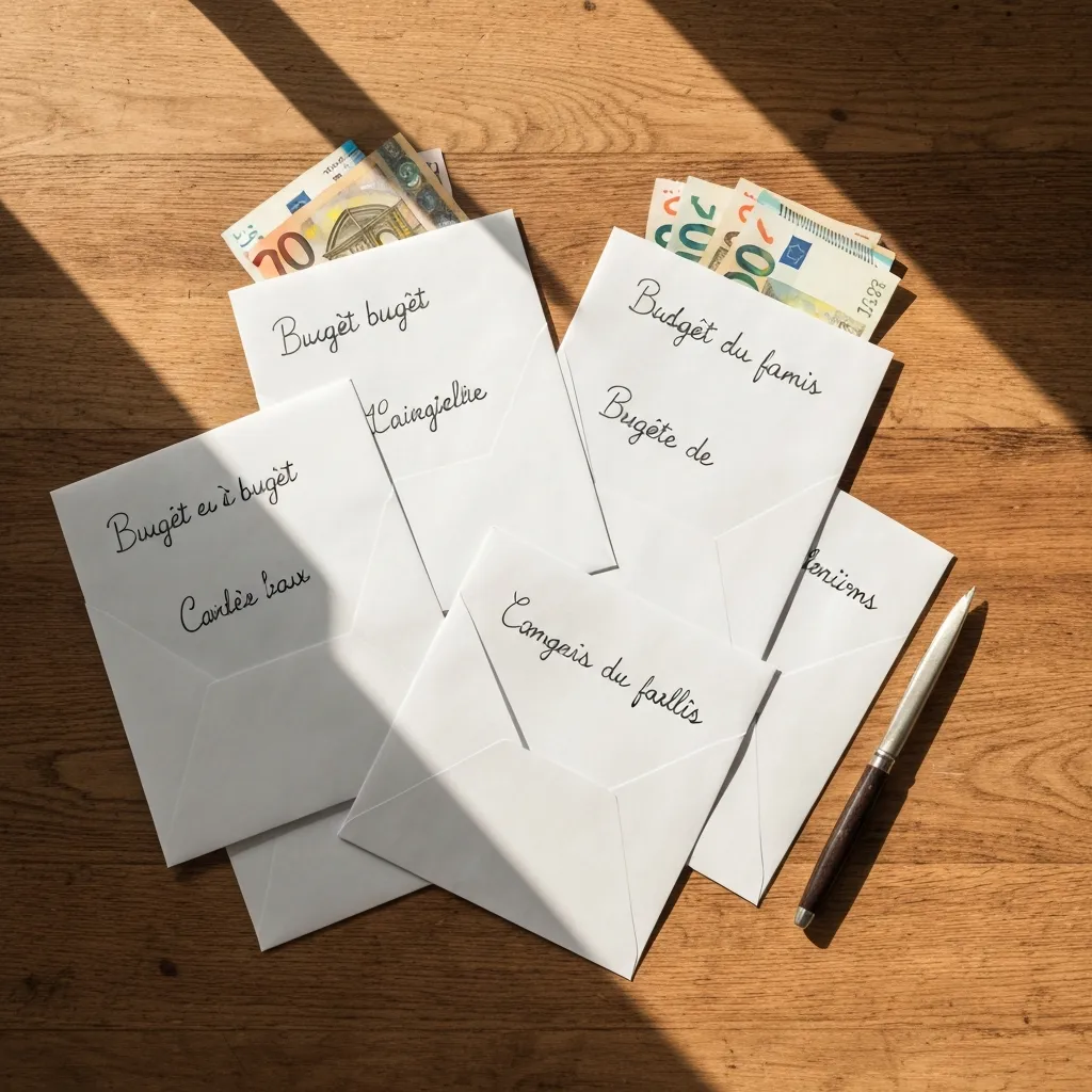 Enveloppes étiquetées posées sur une table de cuisine