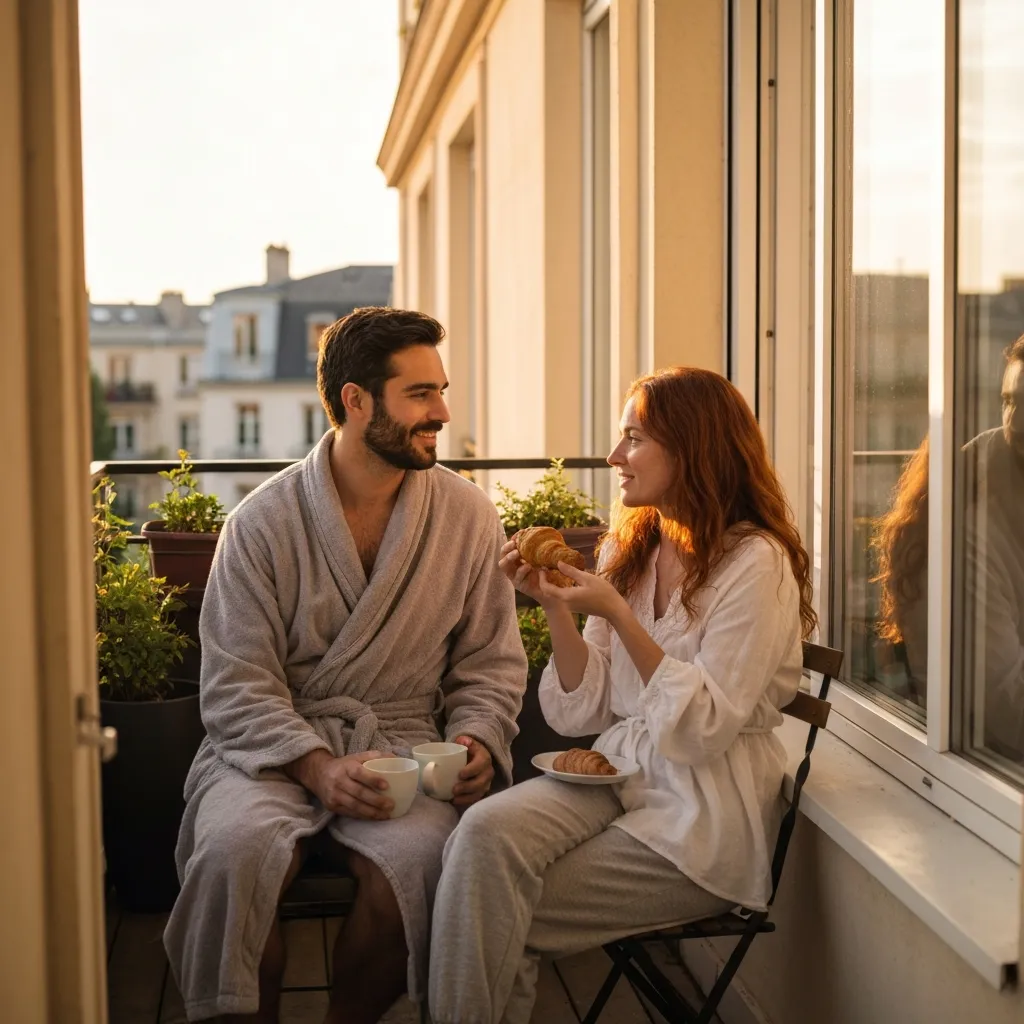 Couple prenant un petit-déjeuner lent sur un balcon un jour de semaine