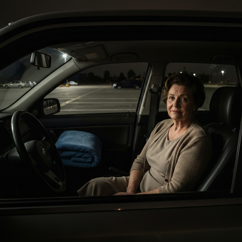 Femme assise dans sa voiture la nuit sur un parking