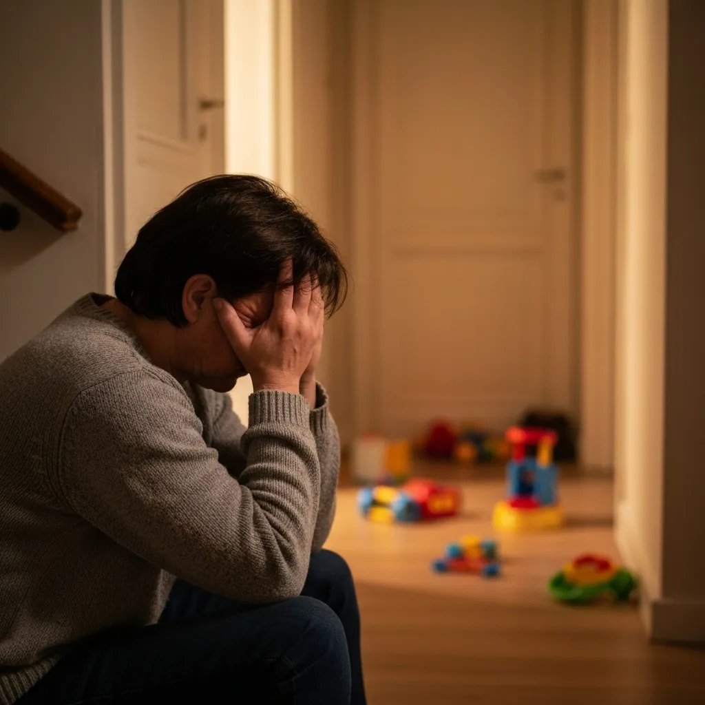 Parent fatigué assis dans un couloir pendant que des enfants jouent