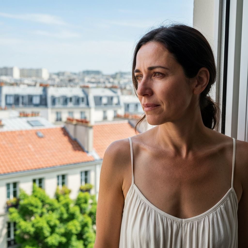 Femme regardant par la fenêtre de son appartement en été