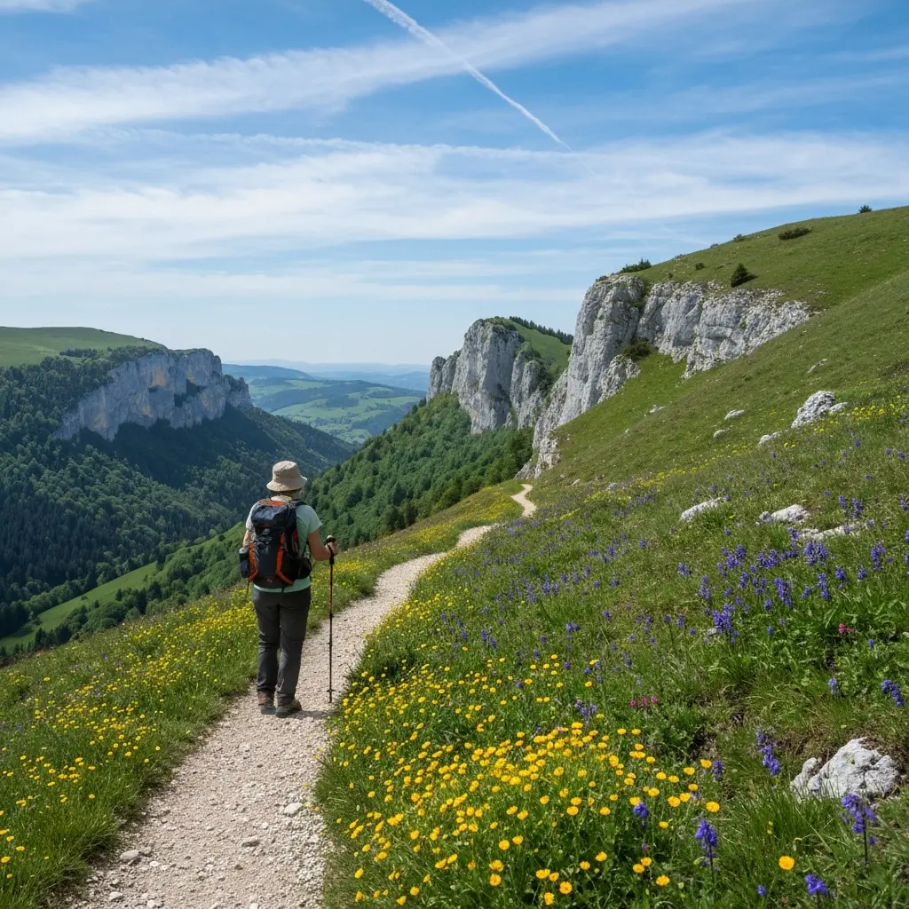 Sentier de randonnee traversant les cretes du Jura avec vue sur les Alpes