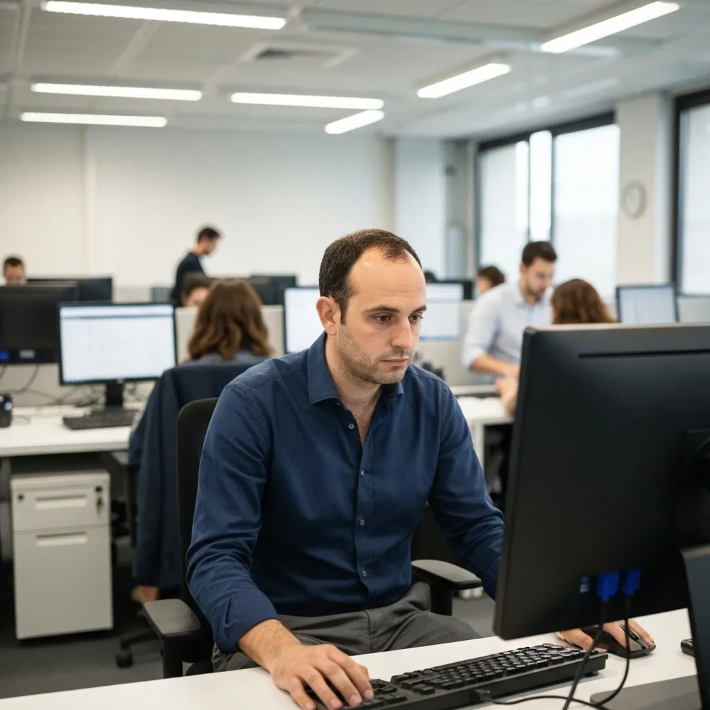 Homme fatigué devant son ordinateur dans un open space