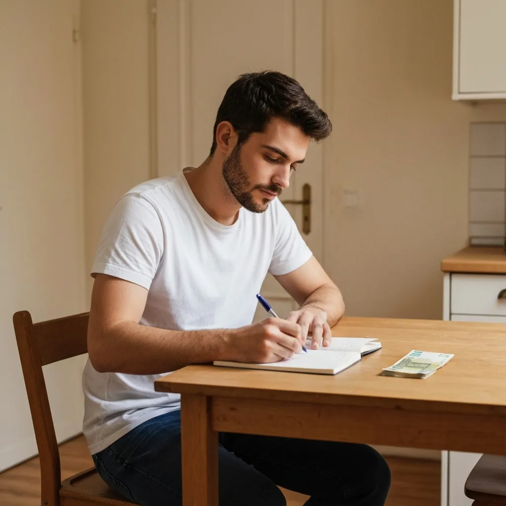 Jeune homme comptant des billets sur une table simple