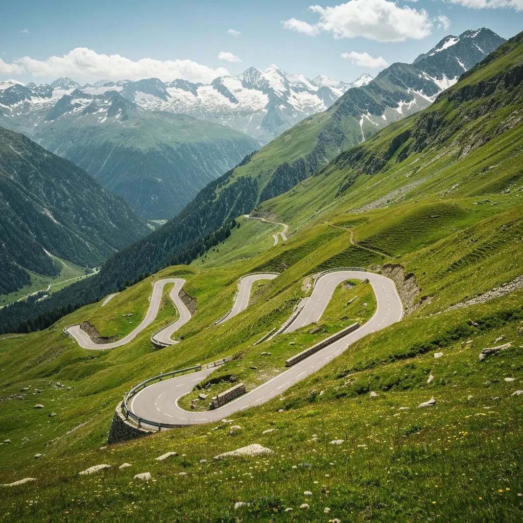 Route de montagne sinueuse traversant un col alpin enneige