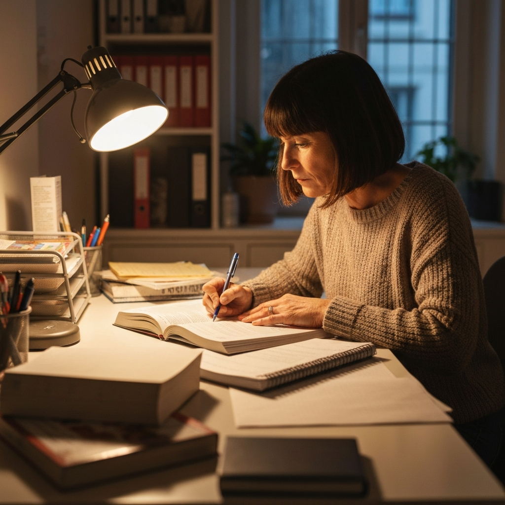 Femme de 42 ans étudiant à un bureau avec des manuels