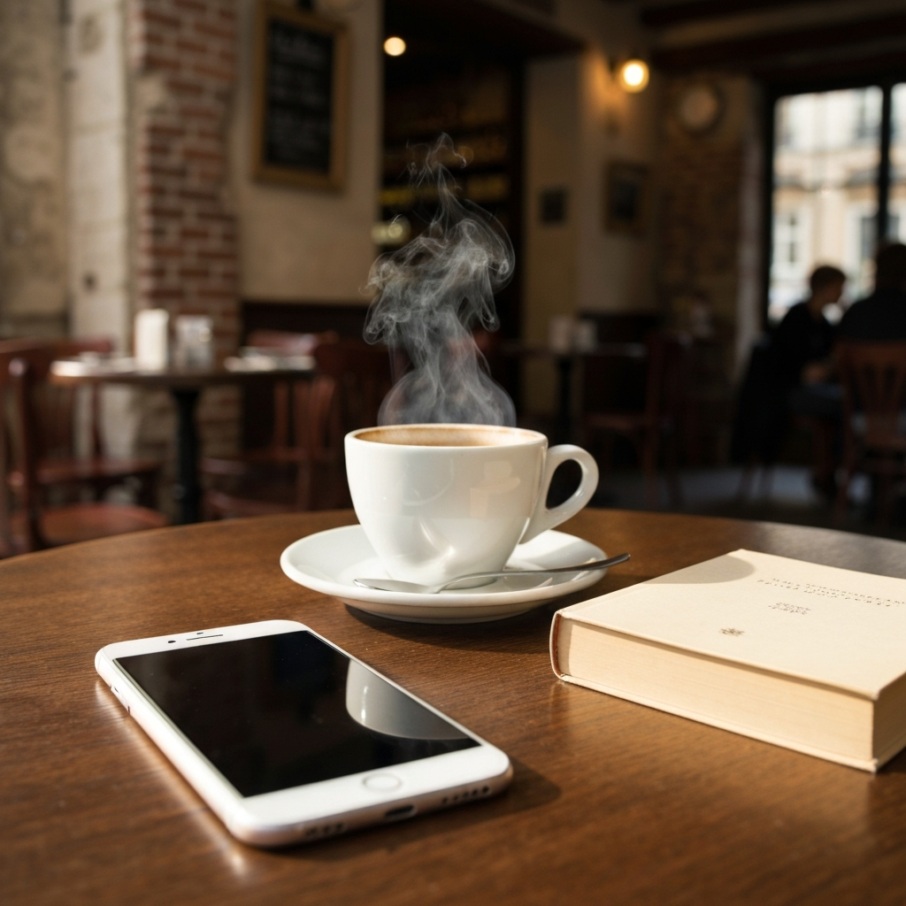 Téléphone posé face contre la table avec une tasse de café