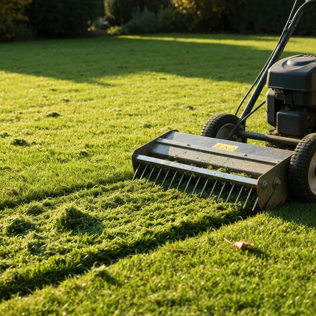 Scarificateur électrique en action sur une pelouse verte avec des débris de mousse