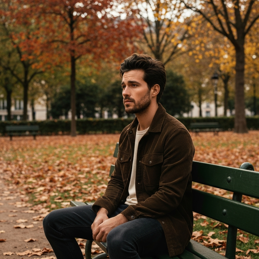 Homme seul assis sur un banc dans un parc urbain