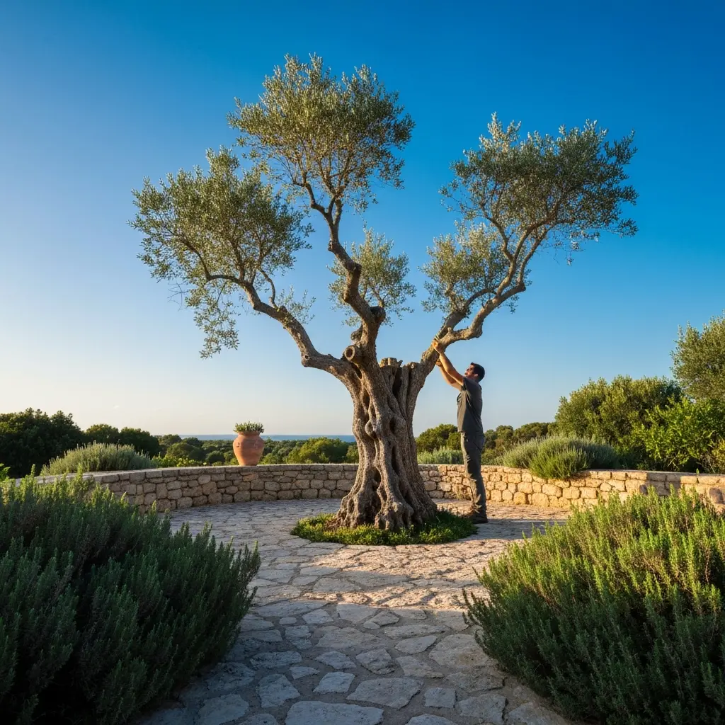 Olivier centenaire taillé dans un jardin méditerranéen avec un sol de gravier