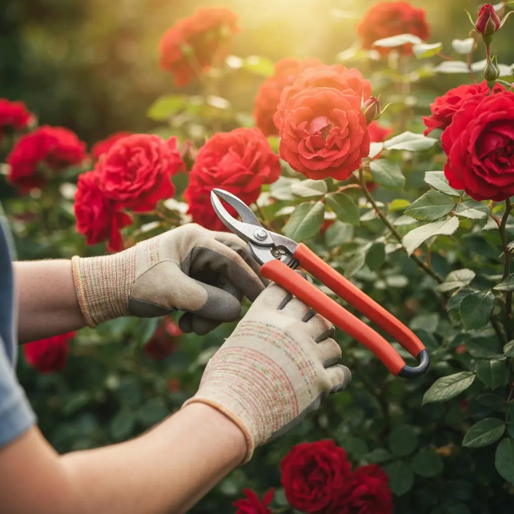Sécateur en train de couper une branche de rosier au-dessus d un bourgeon orienté vers l extérieur