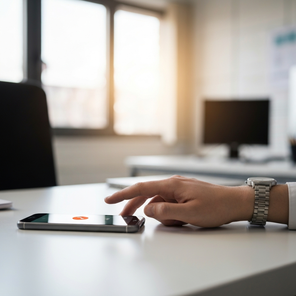 Smartphone qui sonne posé sur un bureau avec personne qui hésite