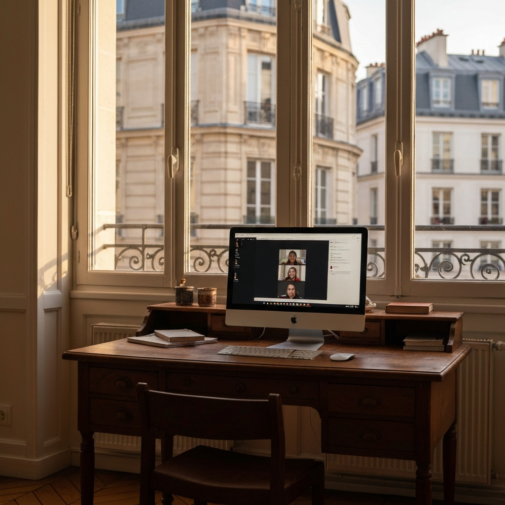 Bureau à domicile avec écran d'ordinateur et vue sur une fenêtre