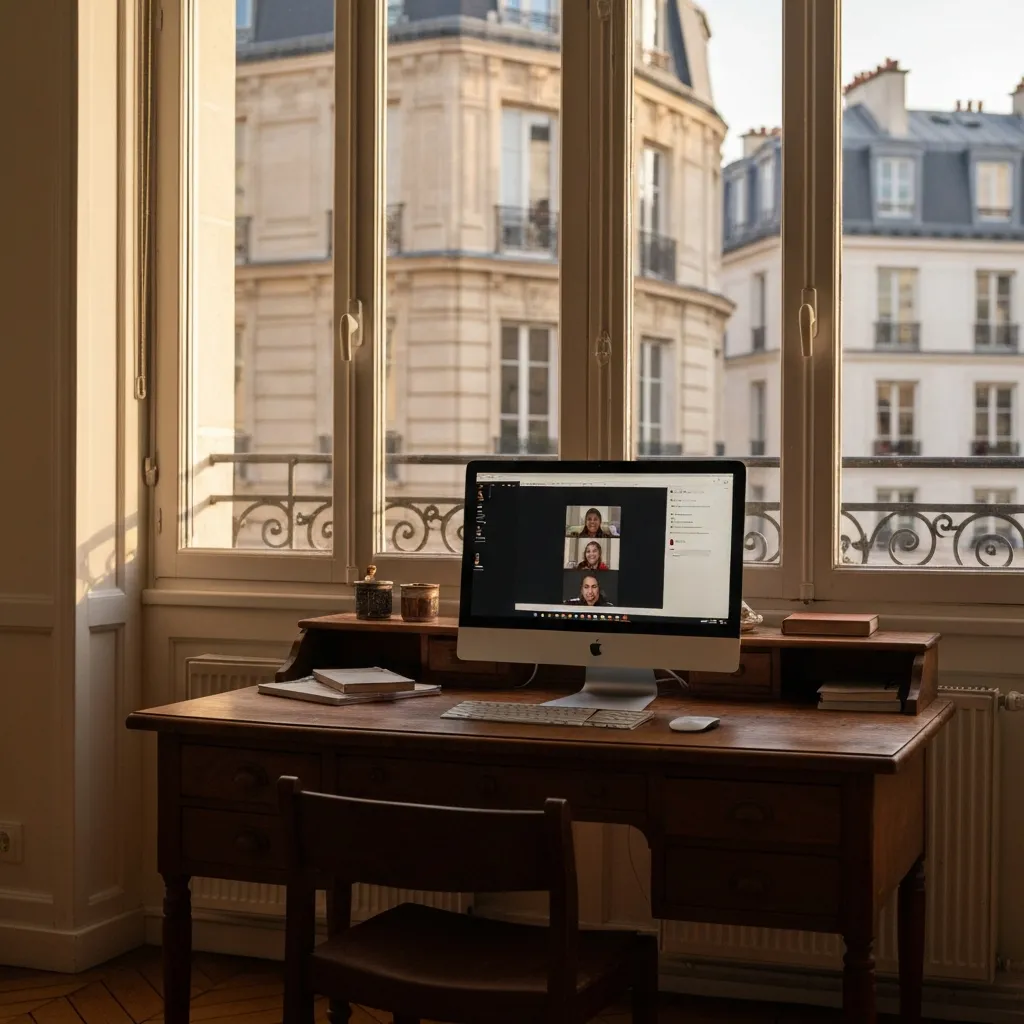 Bureau à domicile avec écran d'ordinateur et vue sur une fenêtre