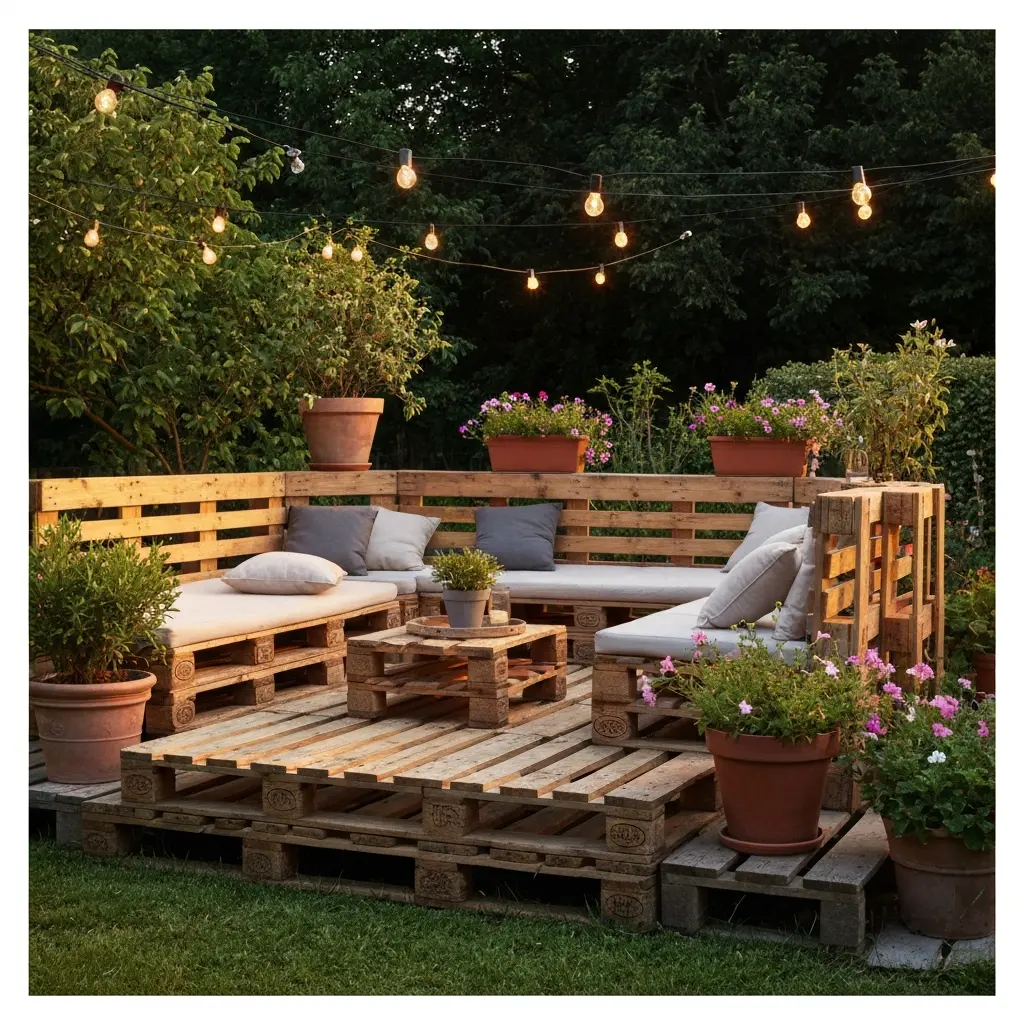Terrasse en palette avec salon de jardin et plantes en pot
