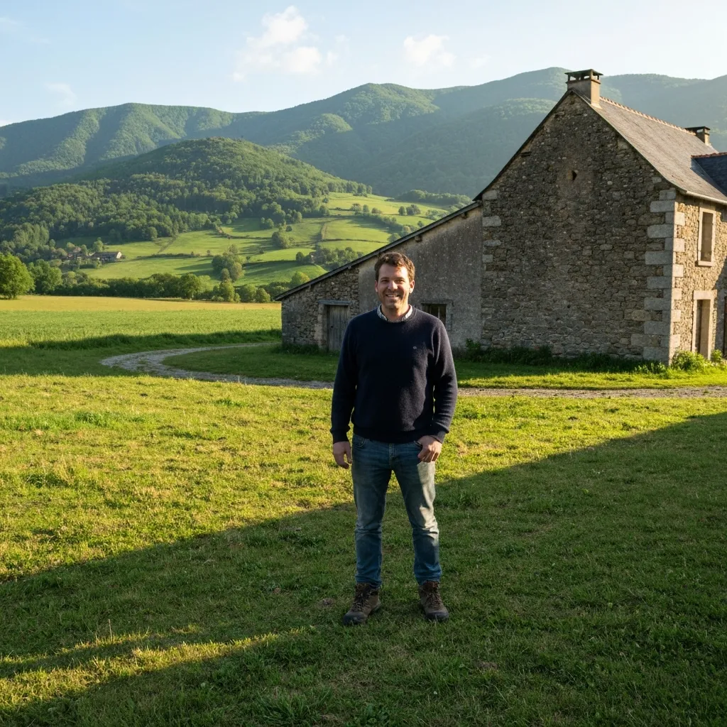 Homme de 35 ans devant une maison de campagne dans le Cantal