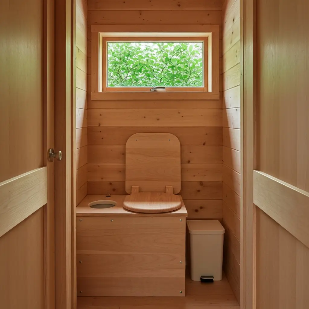 Toilettes sèches en bois avec réservoir de copeaux dans une salle d'eau