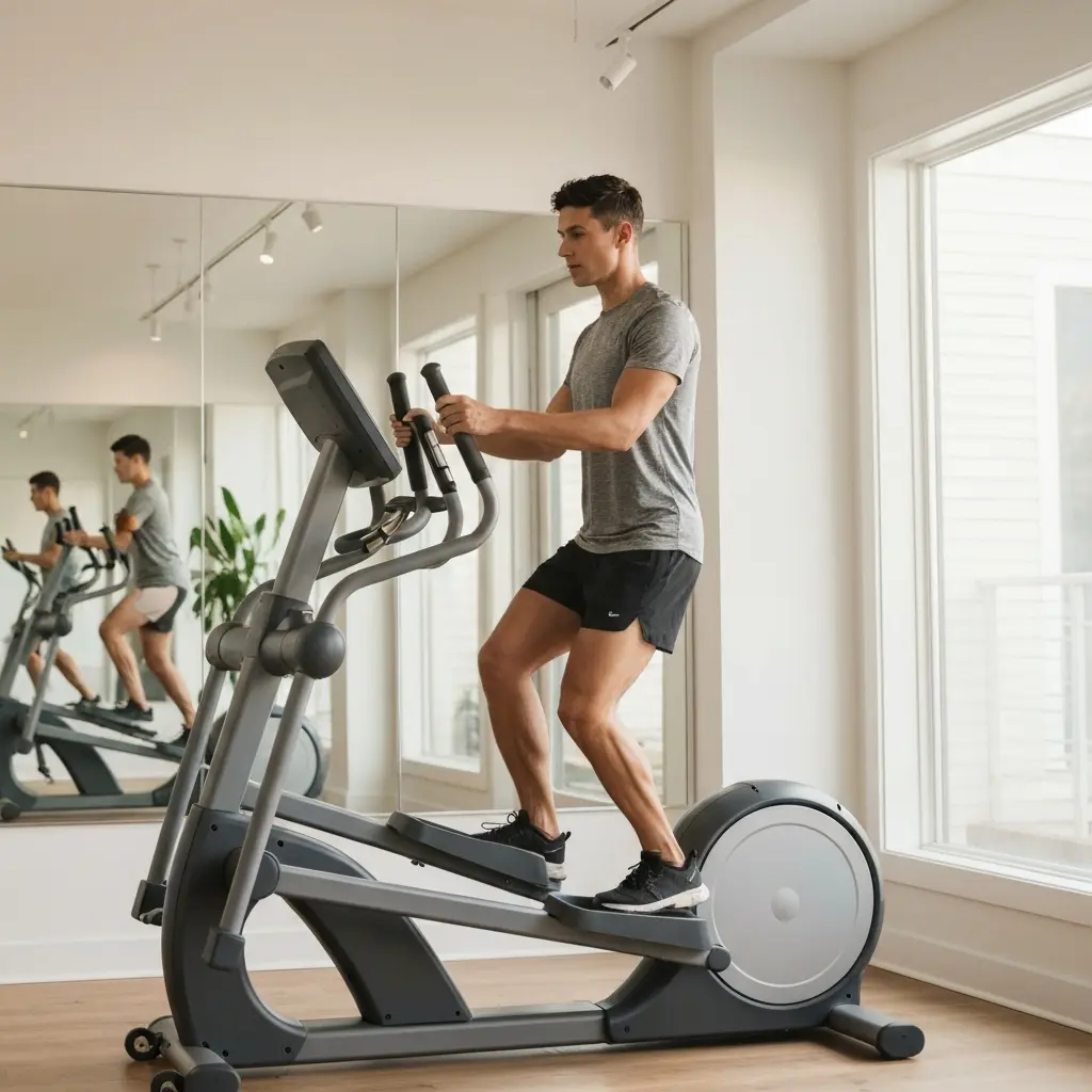 Personne s'entraînant sur un vélo elliptique en salle de sport